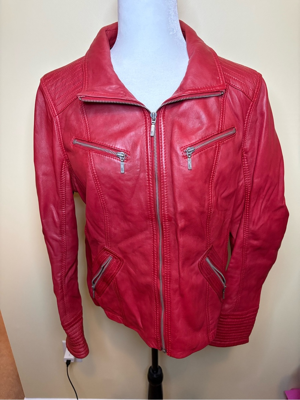 Women's Red Leather Zip-Front Moto Jacket